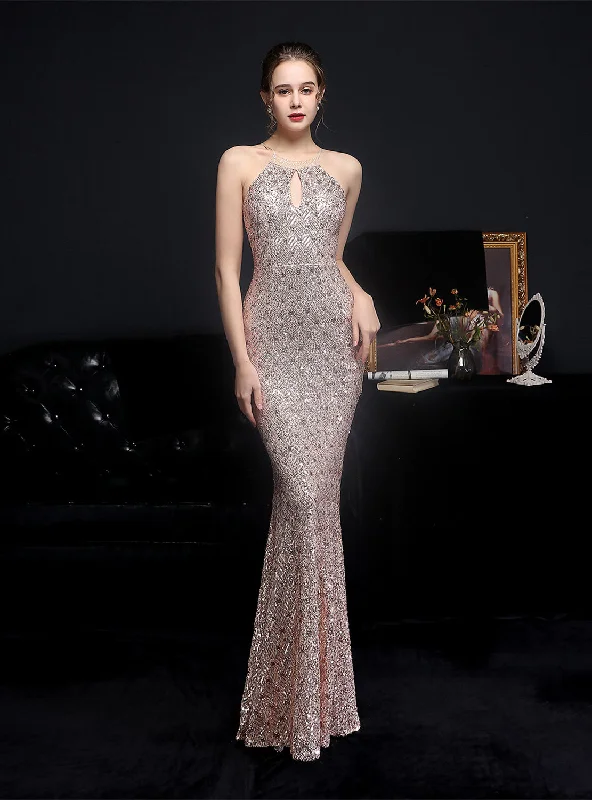 Long Halter Sequined Fishtail Evening Dress