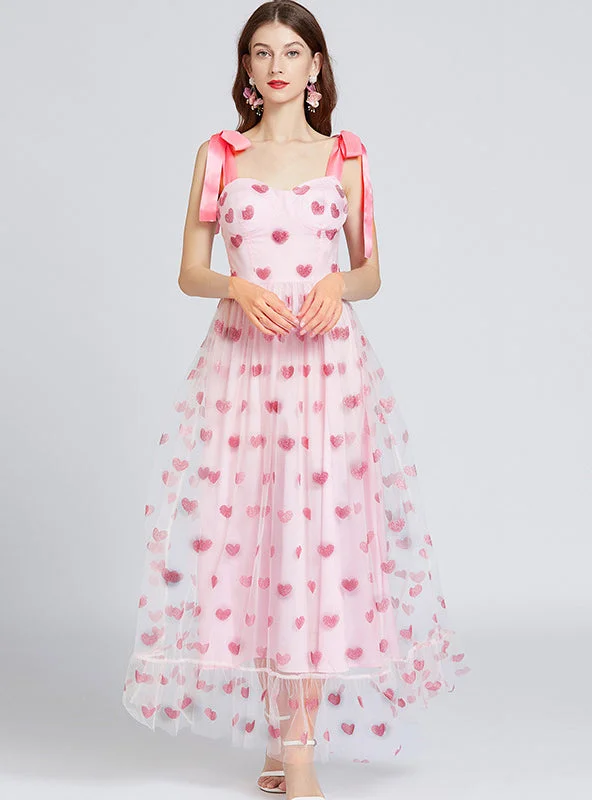 Love Sequined Gauze Lace-up Bow Dress