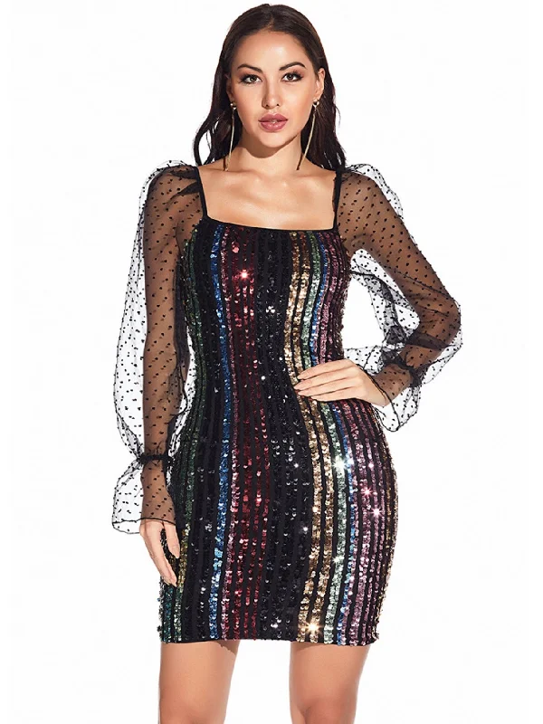 Mesh Long Sleeve Sequined Dress