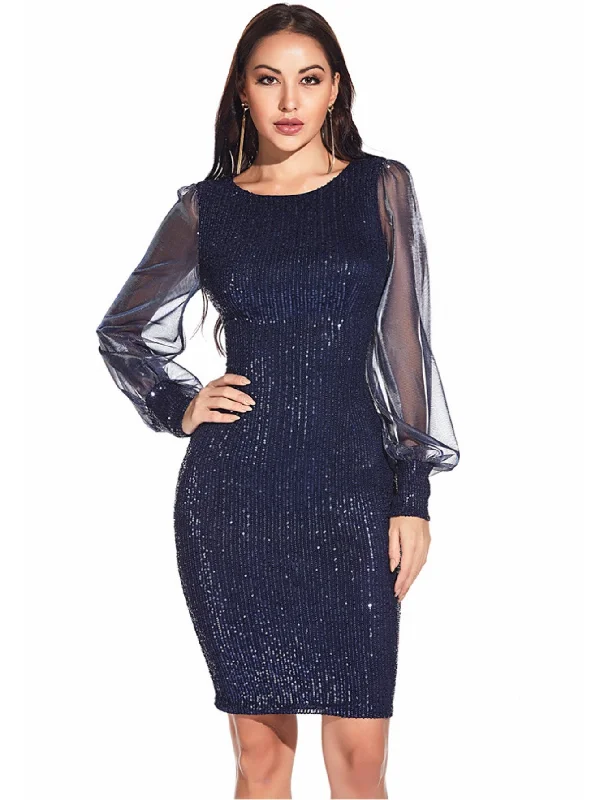 Mesh Stitching Sequined Long Sleeve Dress