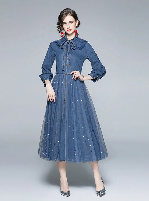 Retro Long Sleeve Mesh Sequined Denim Blue Dress