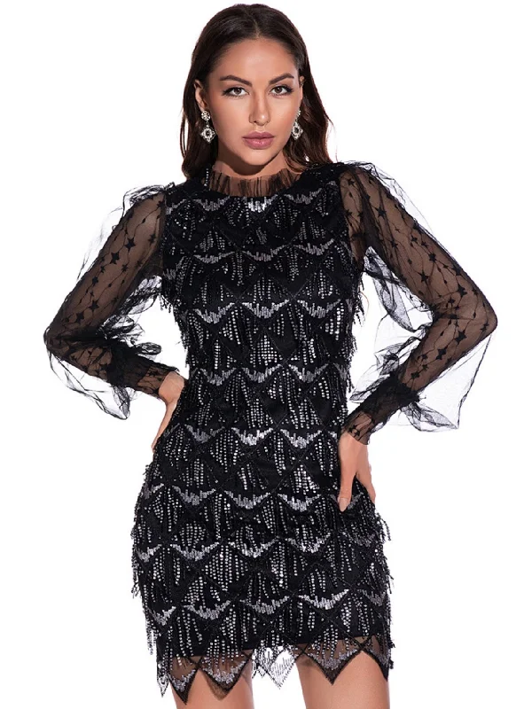 Sexy Mesh Long Sleeve Sequined Dress