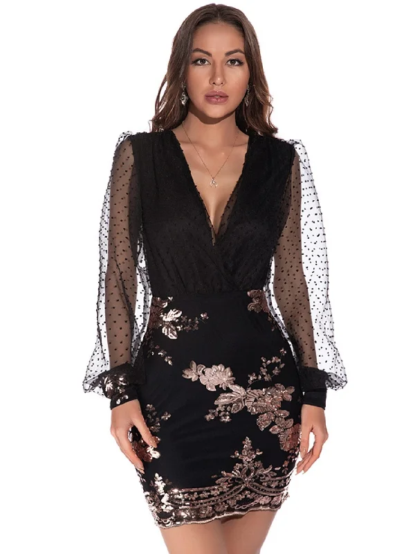 Sexy Mesh Long Sleeve Sequined Dress