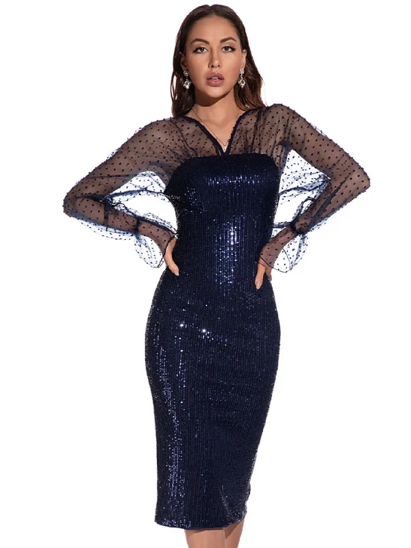 Sexy Retro Mesh Long Sleeve Sequined Dress