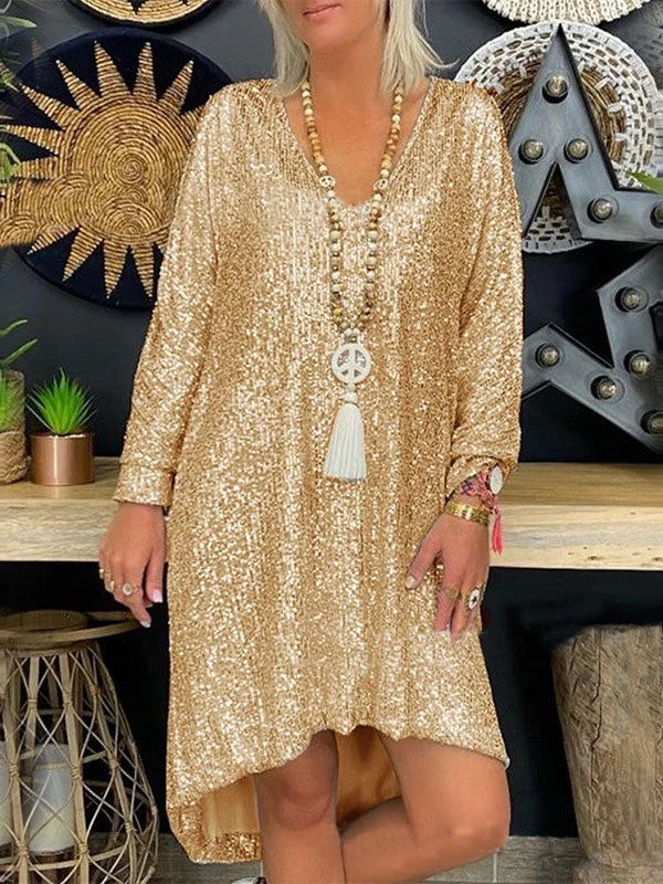 Women's Dresses Loose Sequin V-Neck Long Sleeve Dress